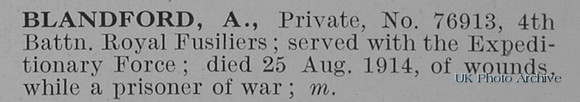 Blandford A Pte 76913 4th Royal Fusiliers Obit