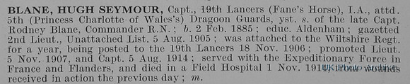 Blane H S Captain Indian Army Attd 5th Dragoon Guards Obit