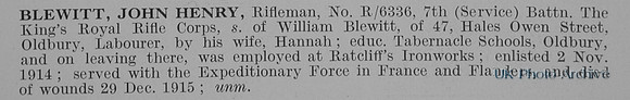 Blewitt J H Rfn R-6336 7th Kings Royal Rifle Corps Obit