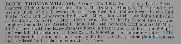 Blick T W Pte 4007 4th Seaforth Highlanders Obit