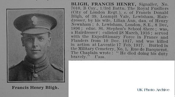 Bligh F H Sig 7010 3rd Royal Fusiliers Obit