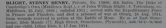 Blight S H Pte 13800 4th Middlesex Regiment Obit