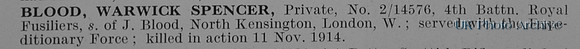 Blood W S Pte 2-14576 4th Royal Fusiliers Obit