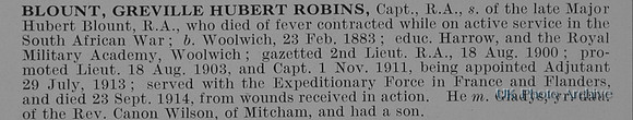 Blount G H R Captain Royal Artillery Obit