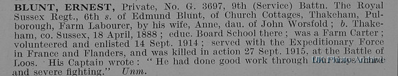 Blunt E Pte G-3697 9th Royal Sussex Regiment Obit