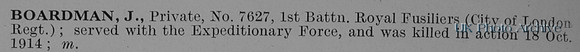 Boardman J Pte 7627 1st Royal Fusiliers Obit