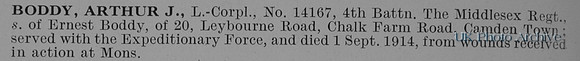 Boddy A J LCpl 14167 4th Middlesex Regiment Obit
