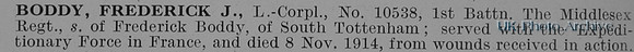Boddy F J LCpl 10538 1st Middlesex Regiment Obit