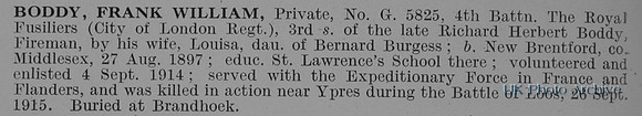 Boddy F W Pte G5852 4th Royal Fusiliers Obit