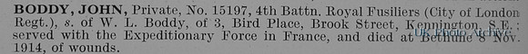 Boddy J Pte 15197 4th Royal Fusiliers Obit