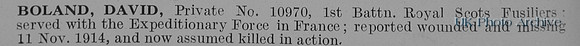 Boland D Pte 10970 1st Royal Scots Fusiliers Obit