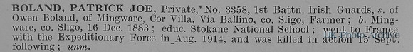 Boland P J Pte 3358 1st Irish Guards Obit
