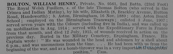 Bolton W H Pte 9561 2nd Royal Welsh Fusiliers Obit