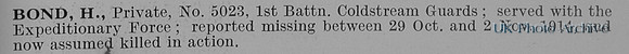 Bond H Pte 5023 1st Coldstream Guards Obit