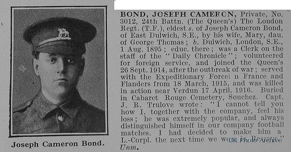 Bond J C Pte 3012 24th London Regiment Obit