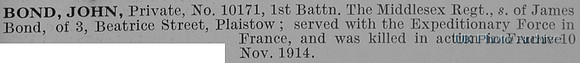 Bond J Pte 10171 1st Middlesex Regiment Obit