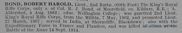 Bond R H Lt 2nd Kings Royal Rifle Corps Obit