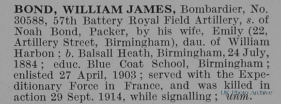 Bond W J Bmdr 30588 Royal Field Artillery Obit