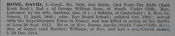 Bone D LCpl 7608 2nd East Kent Regiment Obit