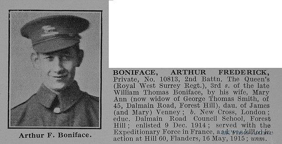 Boniface A F Pte 10813 2nd Queens Royal West Surrey Regiment Obit