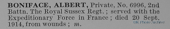 Boniface A Pte 6996 2nd Royal Sussex Regiment Obit