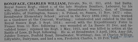 Boniface C W Pte G-351 2nd Royal West Surrey Regiment Obit