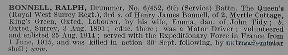 Bonnell R Drummer 6-452 6th Queens Royal West Surrey Regiment Obit