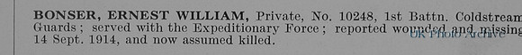 Bonser E W Pte 10248 1st Coldstream Guards Obit