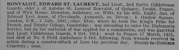 Bonvalot E St L 2nd Lt Coldstream Guards Obit
