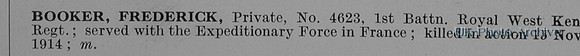 Booker F Pte 4623 1st Royal West Kent Regiment Obit