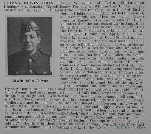 Chivas E J Pte 27051 15th Canadian Expeditionary Force Obit