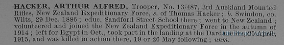 Hacker A A Tpr 13/487 3rd Auckland Mounted Rifles NZEF Obit