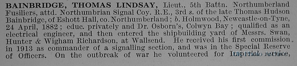 Bainbridge T L Lt 5th Northumberland Fusiliers Obit Part 1 De Ruvignys Roll Of Honour Vol 1