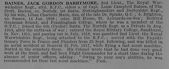 Baines J G B 2nd Lt Royal Flying Corps Obit
