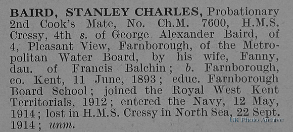 Baird S C Cooks Mate 2nd Class M/7600 HMS Cressy Royal Navy Obit