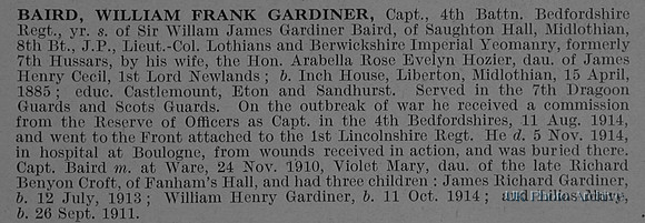 Baird W F G Captain 4th Bedfordshire Regiment Obit