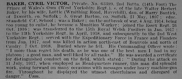 Baker C V Pte 63399 2nd West Yorkshire Regiment Obit