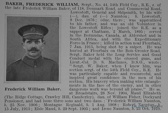 Baker F W Sergt Royal EngineersObit