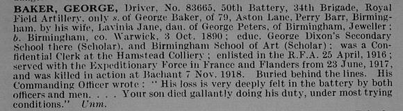 Baker G Dvr 83665 Royal Field Artillery Obit
