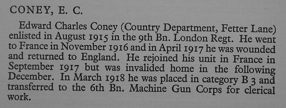 Coney E C Pte 6424 9th London Regiment Trans 14539 MGC War Record Of Cambridge University Press 1914-1919