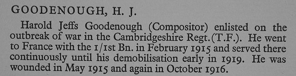 Goodenough H J Pte 325543 1st Cambridgeshire Regiment War Record Of Cambridge University Press 1914-1919