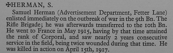 Herman S Cpl B-1024 10th Rifle Brigade Obit War Record Of Cambridge University Press 1914-1919