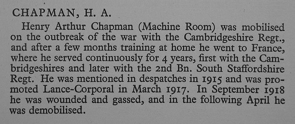 Chapman H A Pte 23538 2nd South Staffs Regiment War Record Of Cambridge University Press 1914-1919