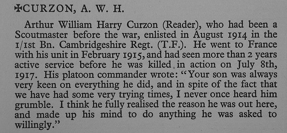 Curzon A W Pte 324644 1st Cambridgeshire Regiment Obit War Record Of Cambridge University Press 1914-1919