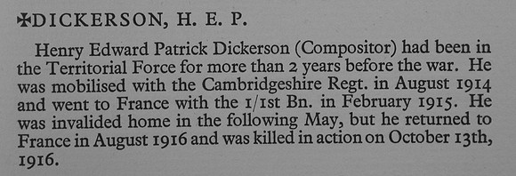 Dickerson H E P Pte 325149 1st Cambridgeshire Regiment Obit War Record Of Cambridge University Press 1914-1919