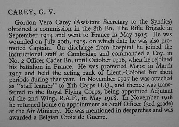 Carey G V Major Royal Flying Corps War Record Of Cambridge University Press 1914-1919