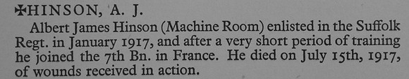 Hinson A J Pte 47686 7th Suffolk Regiment Obit War Record Of Cambridge University Press 1914-1919
