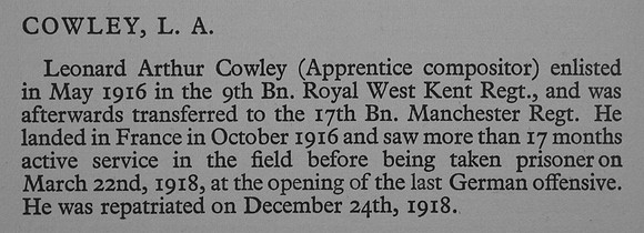 Cowley L A Pte 41629 17th Manchester Regiment War Record Of Cambridge University Press 1914-1919