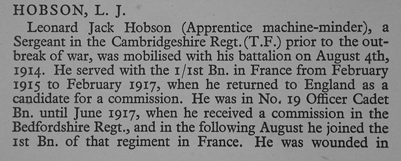 Hobson L J 2nd Lt 1st Bedfordshire Regiment Part 1 War Record Of Cambridge University Press 1914-1919