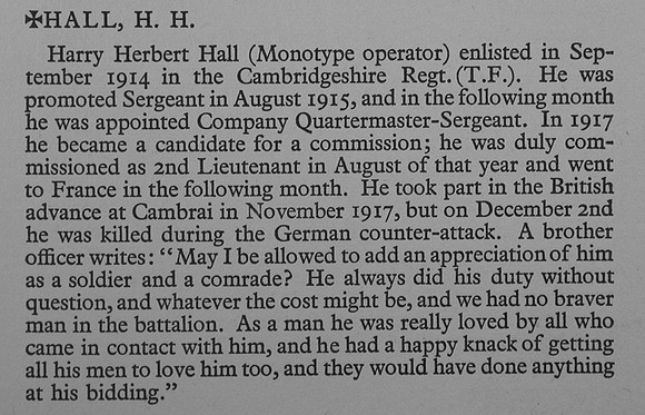 Hall H H 2nd Lt 6th Notts And Derby Regiment Obit War Record Of Cambridge University Press 1914-1919
